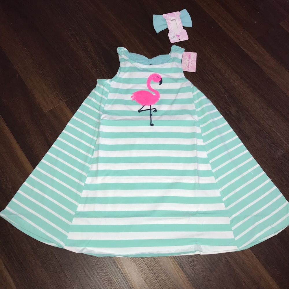 Tommy Bahama Sequined Flamingo Striped Dress With Matching Hair Bow NWT
